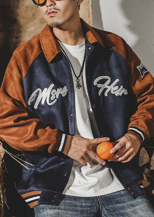 Unique Blue Peter Pan Collar Letter Patchwork Faux Suede Mens Coats Spring TC054