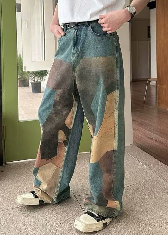 Unique Waist Blue Pockets Leg Print Men Denim Wide High Pants