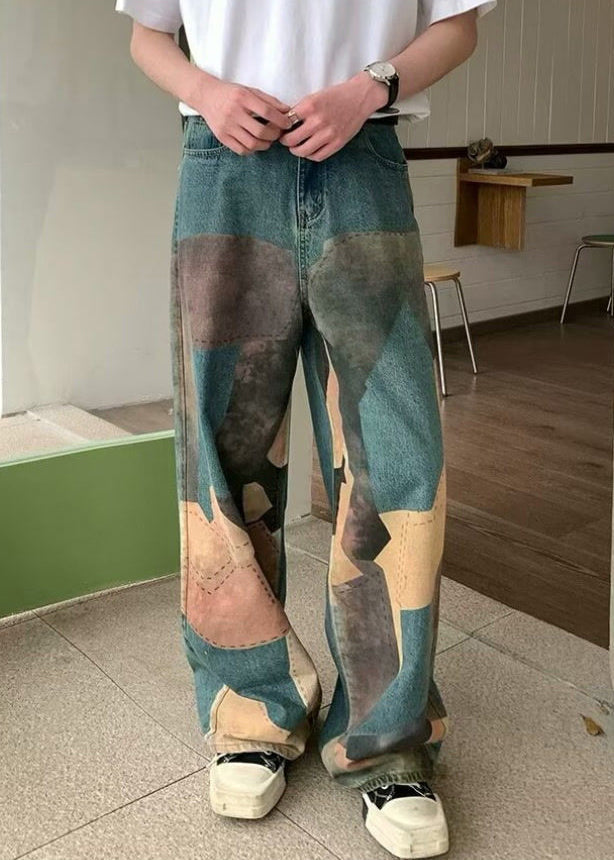 Unique Waist Blue Pockets Leg Print Men Denim Wide High Pants