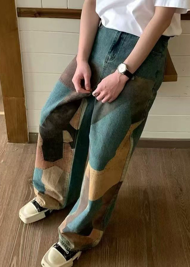 Unique Waist Blue Pockets Leg Print Men Denim Wide High Pants