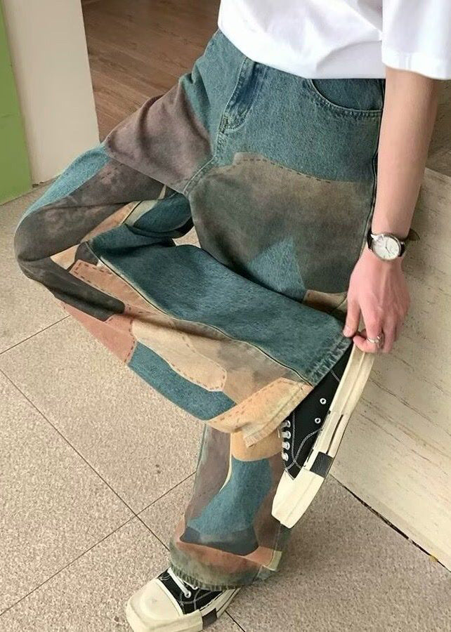 Unique Waist Blue Pockets Leg Print Men Denim Wide High Pants