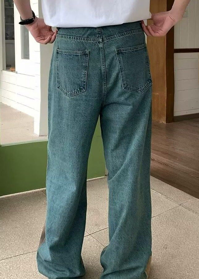 Unique Waist Blue Pockets Leg Print Men Denim Wide High Pants