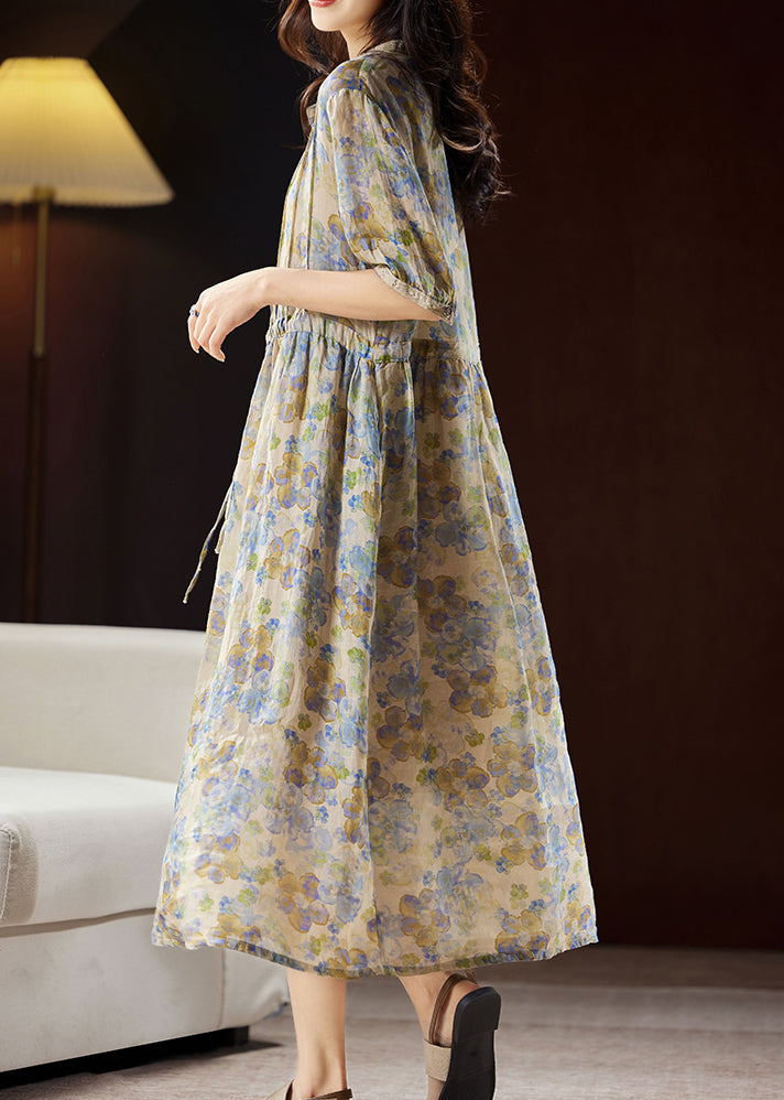 Unique Blue Stand Collar Print Button Linen Maxi Dresses Summer WW035