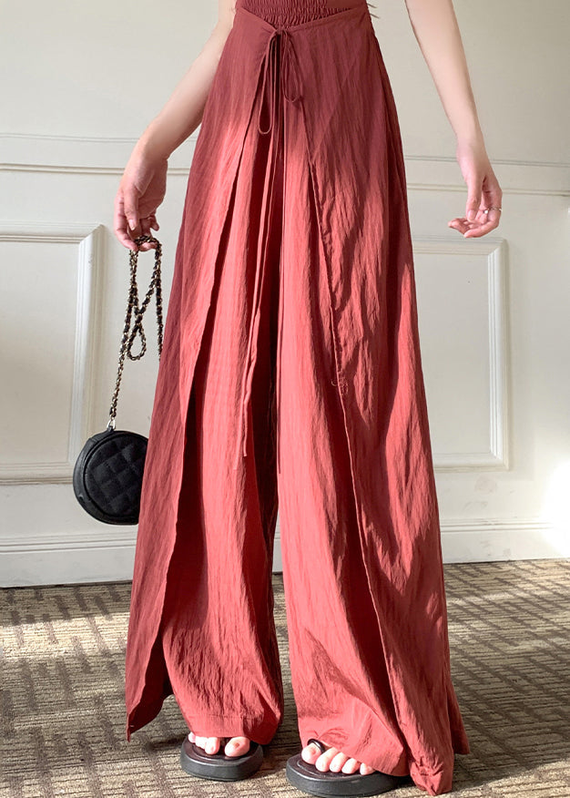 Unique Brick Red Asymmetrical Lace Up Linen Silk Pants Spring YY001