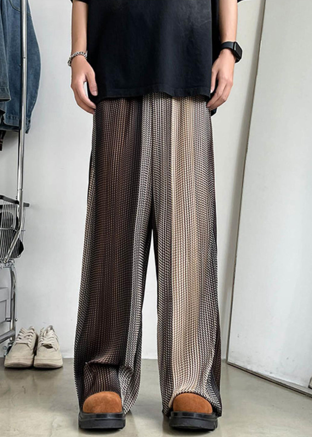 Waist Men Silk Leg Patchwork Elastic Unique Brown Pants Ice Wide