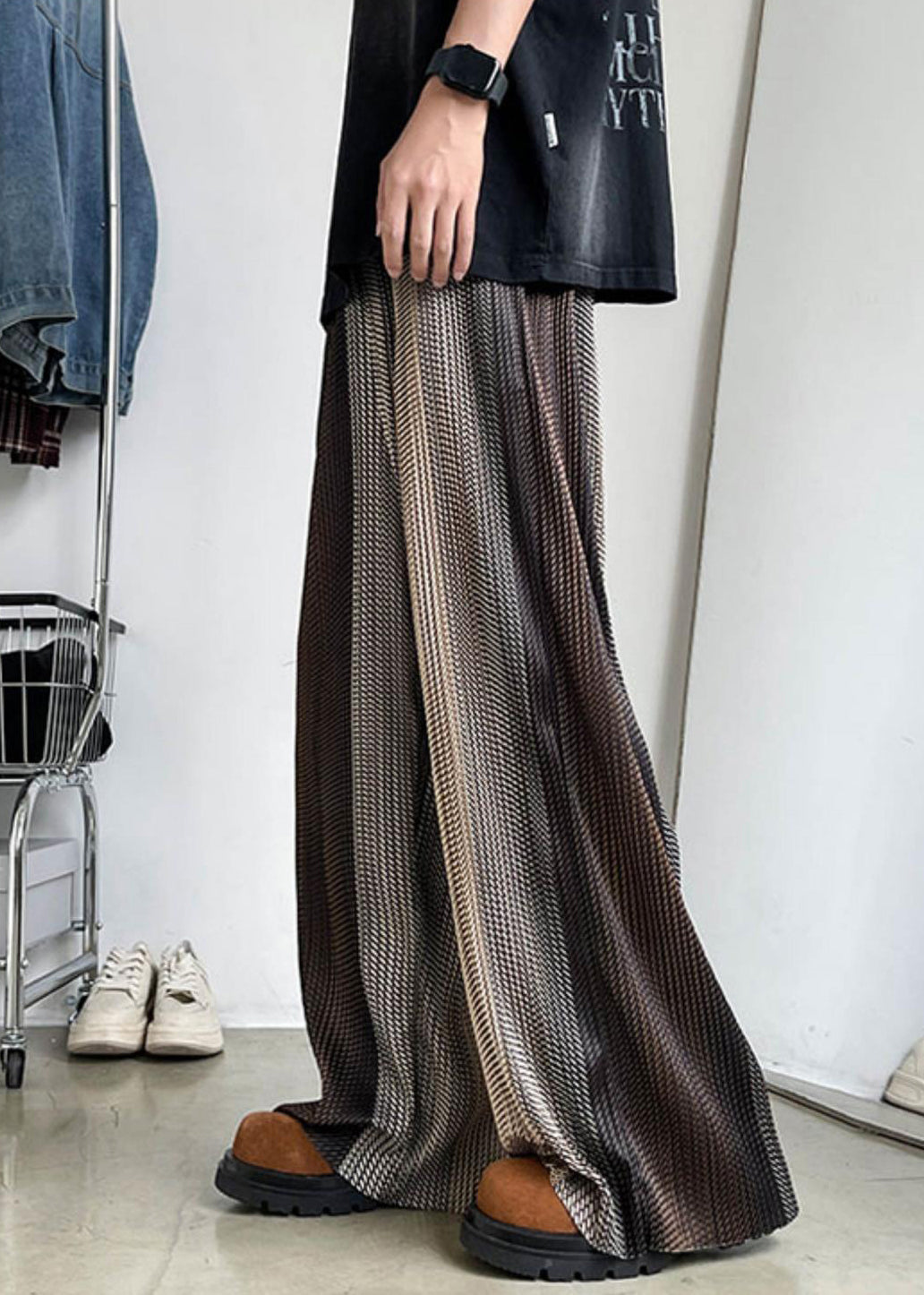 Waist Men Silk Leg Patchwork Elastic Unique Brown Pants Ice Wide