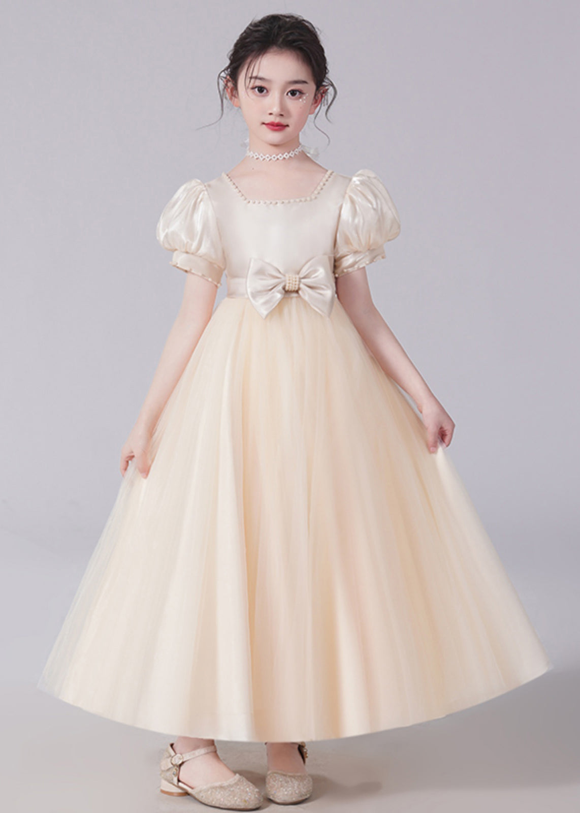 Unique Champagne Bow Nail bead Tulle Girls Long Dresses Short Sleeve XZ025