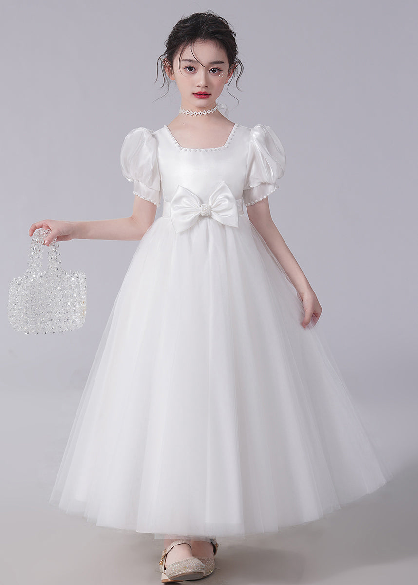 Unique Champagne Bow Nail bead Tulle Girls Long Dresses Short Sleeve XZ025