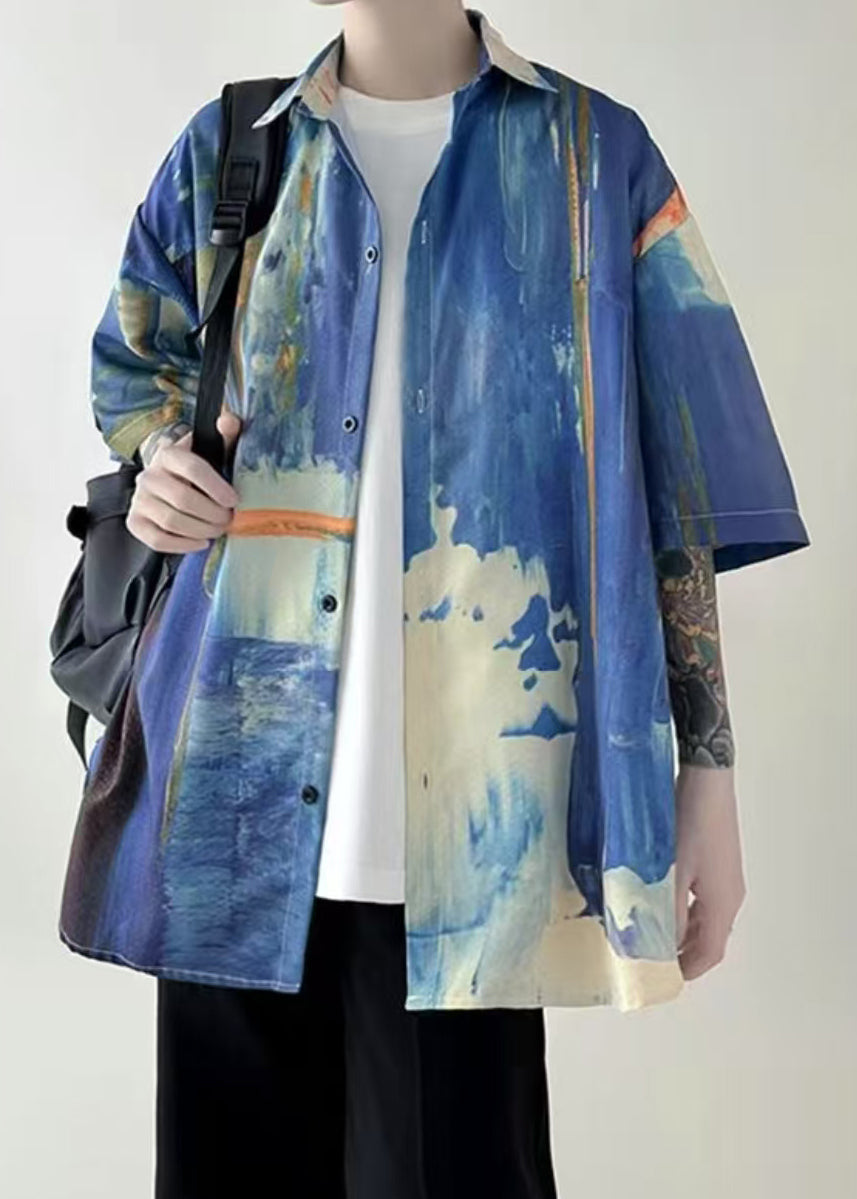 Tie Shirts Colorblock Summer Cotton Dye Button Unique Mens