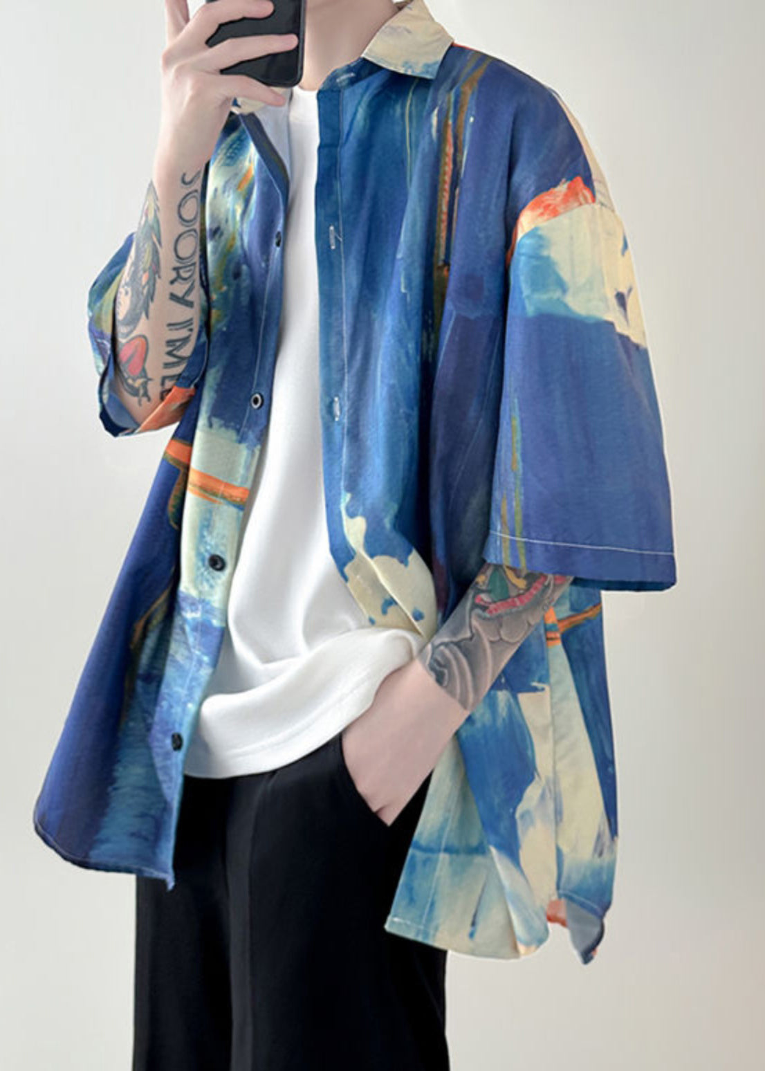 Tie Shirts Colorblock Summer Cotton Dye Button Unique Mens