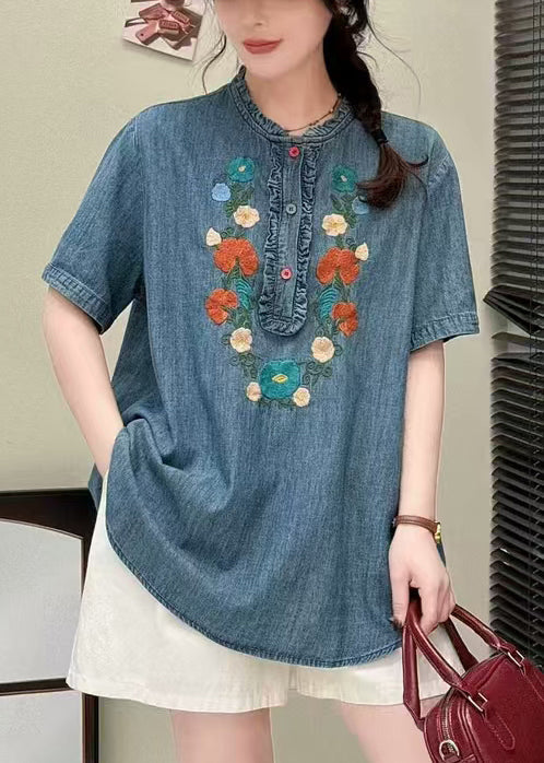 Blue Denim Ruffled Summer Shirt Embroidered Unique