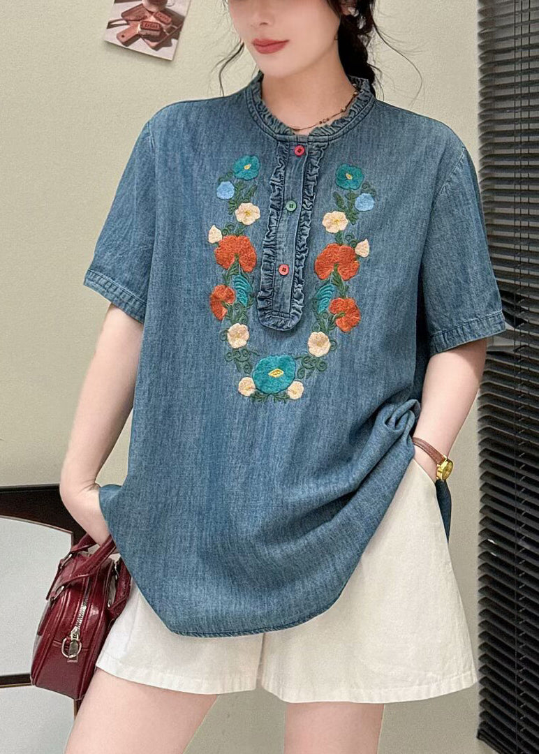 Blue Denim Ruffled Summer Shirt Embroidered Unique