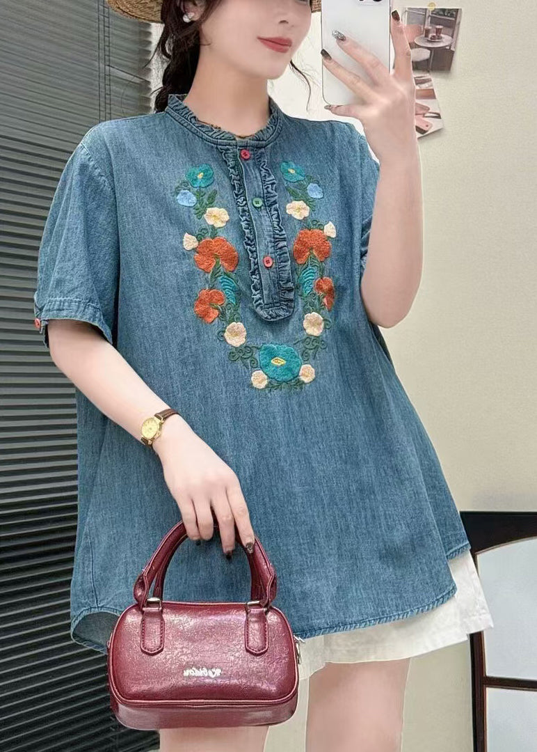 Blue Denim Ruffled Summer Shirt Embroidered Unique