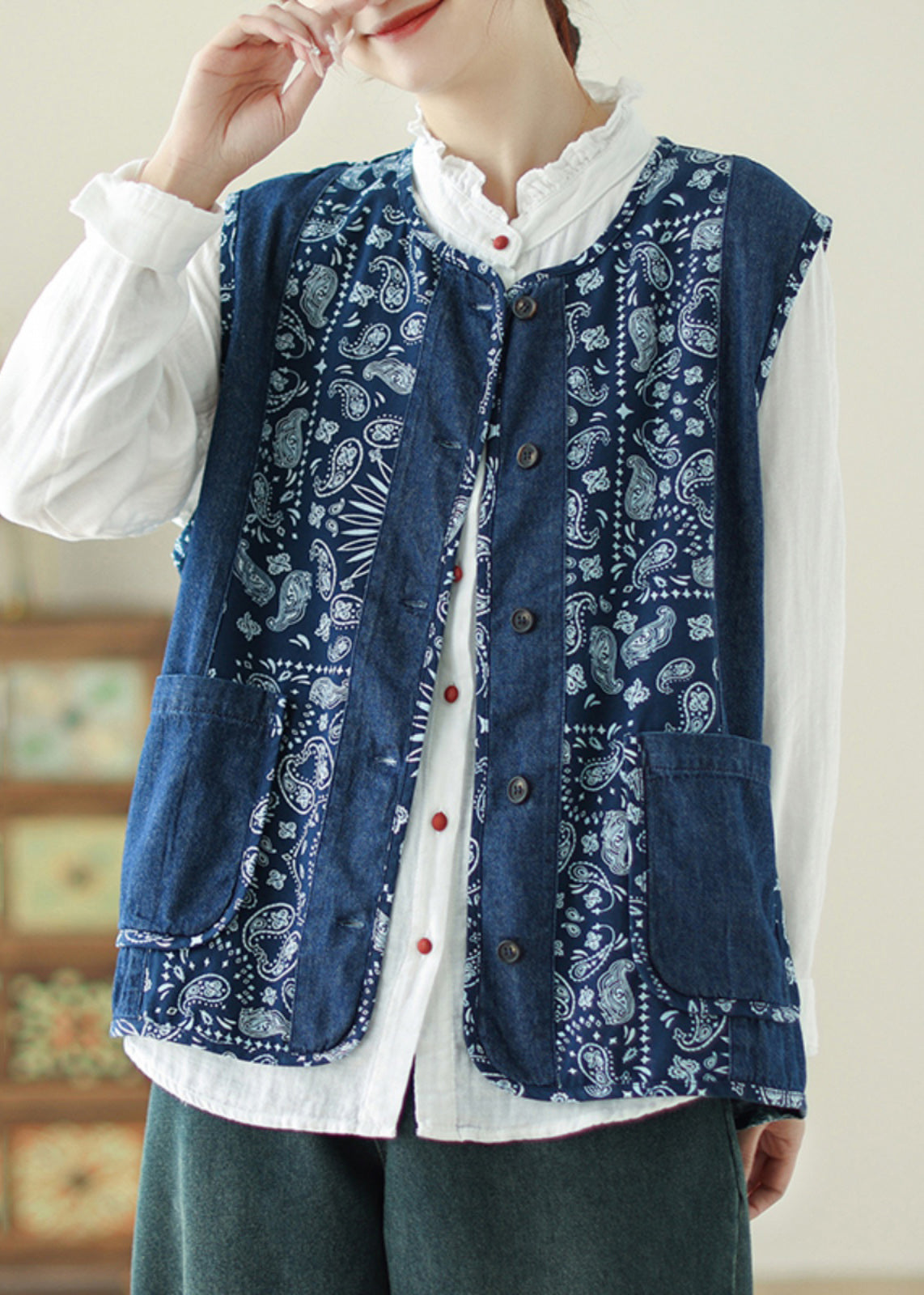 Unique Denim Blue O-Neck Print Pockets Waistcoat Spring VB1064