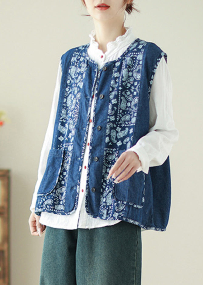 Unique Denim Blue O-Neck Print Pockets Waistcoat Spring VB1064