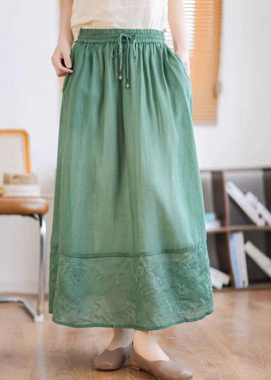 Embroidered Unique Linen Patchwork Skirt Summer Green
