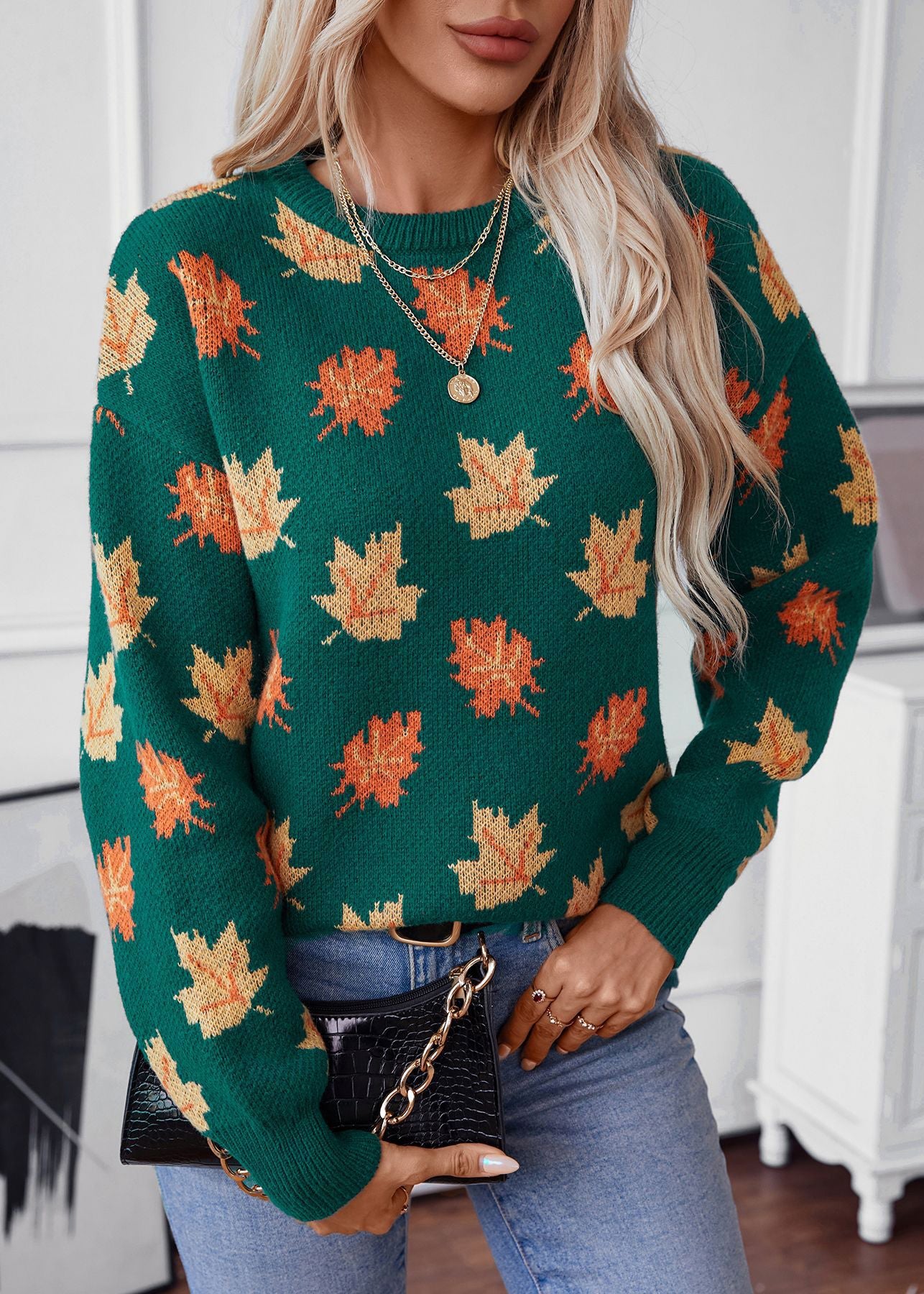 Unique Green O Neck Jacquard Thick Knit Sweaters Fall QY037