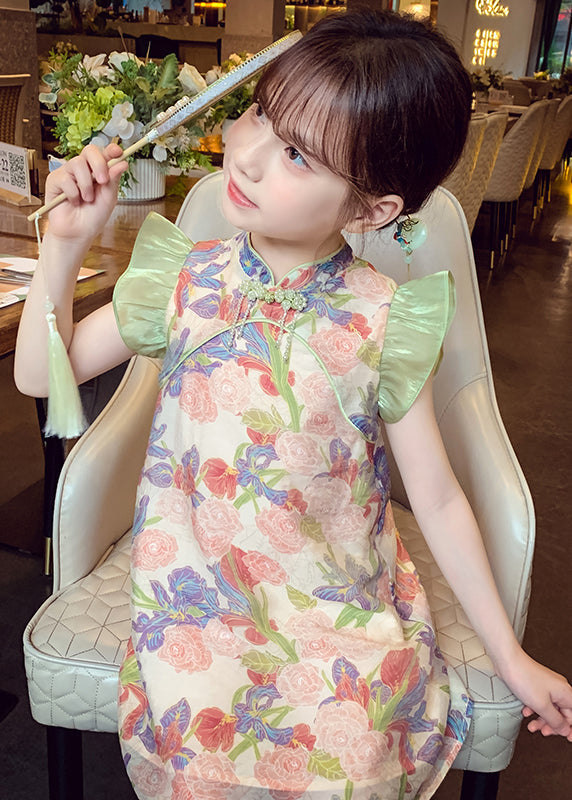 Unique Green Stand Collar Print Button Girls Mid Dresses Sleeveless MN028