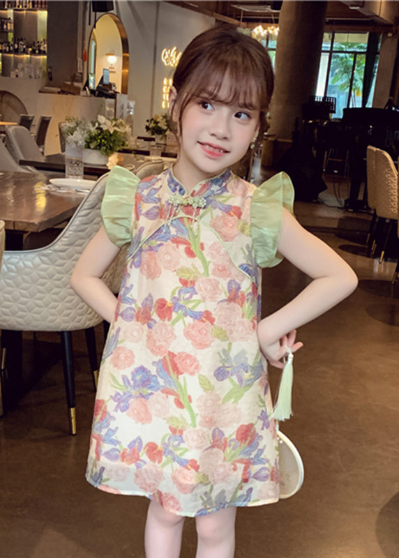 Unique Green Stand Collar Print Button Girls Mid Dresses Sleeveless MN028