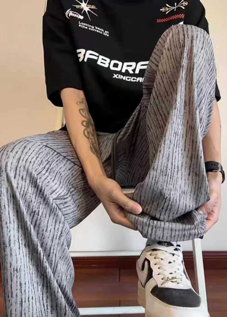 Unique Men Grey Casual Pants Oversized Print Cotton Clothing