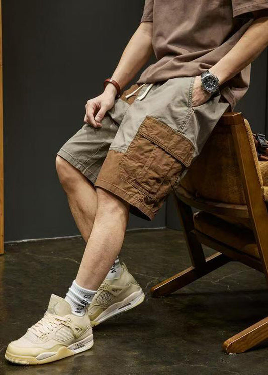 Shorts Patchwork Cotton Elastic Pockets Unique Waist Grey Men