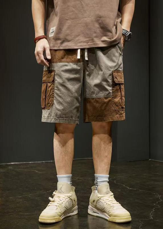 Shorts Patchwork Cotton Elastic Pockets Unique Waist Grey Men
