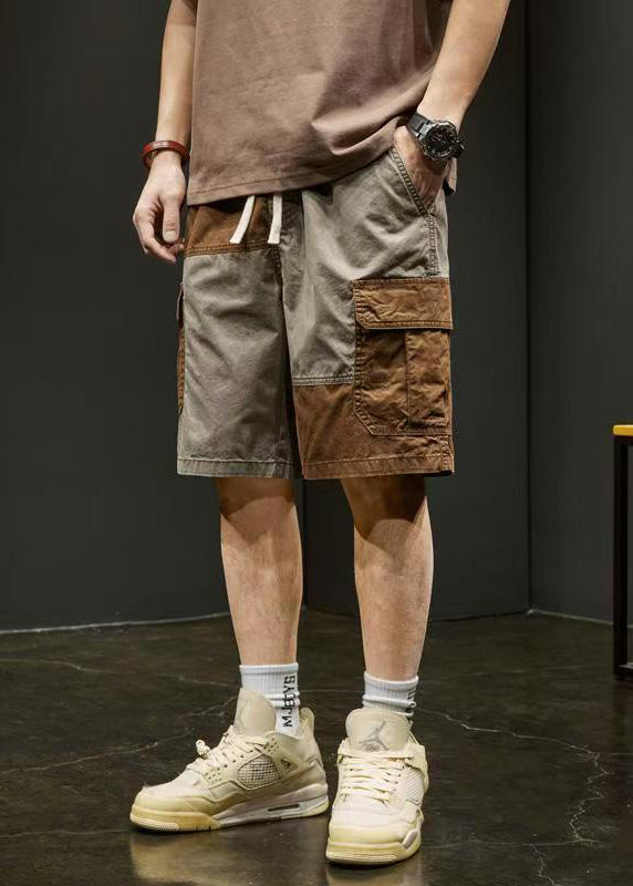 Shorts Patchwork Cotton Elastic Pockets Unique Waist Grey Men