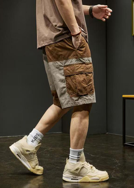 Shorts Patchwork Cotton Elastic Pockets Unique Waist Grey Men