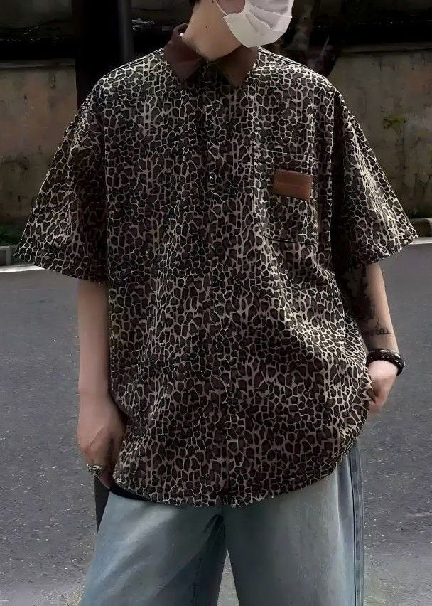 Men Shirts Unique Leopard Half Pockets Corduroy Sleeve Patchwork