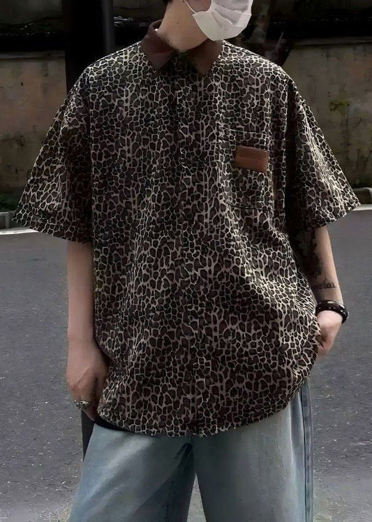 Men Shirts Unique Leopard Half Pockets Corduroy Sleeve Patchwork