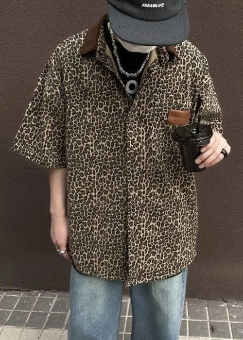 Men Shirts Unique Leopard Half Pockets Corduroy Sleeve Patchwork