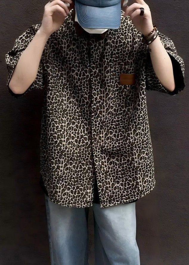 Men Shirts Unique Leopard Half Pockets Corduroy Sleeve Patchwork
