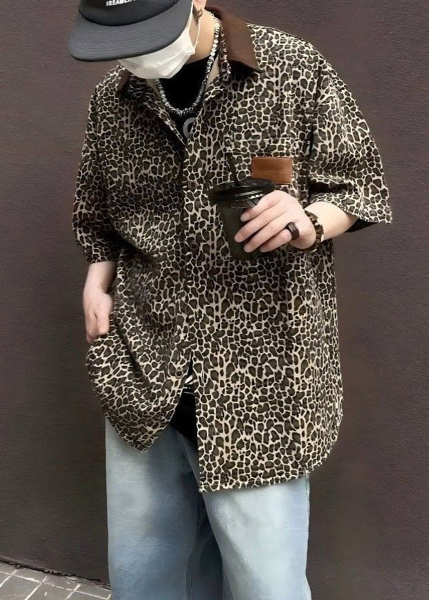 Men Shirts Unique Leopard Half Pockets Corduroy Sleeve Patchwork