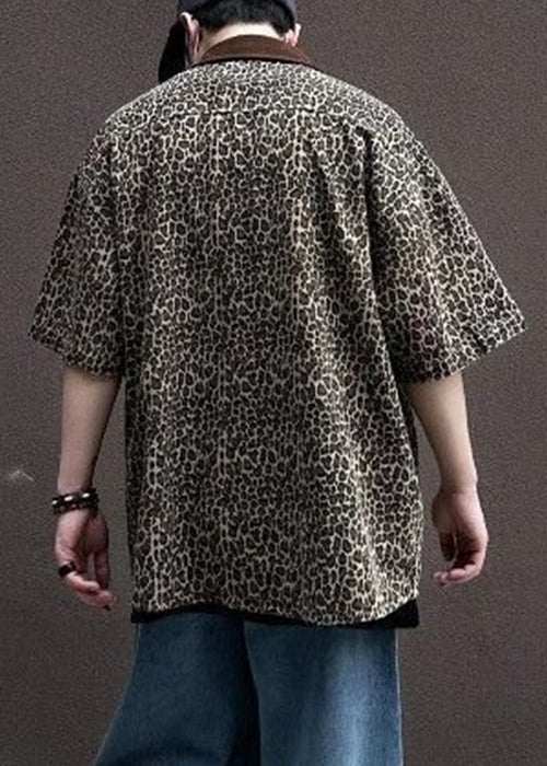 Men Shirts Unique Leopard Half Pockets Corduroy Sleeve Patchwork