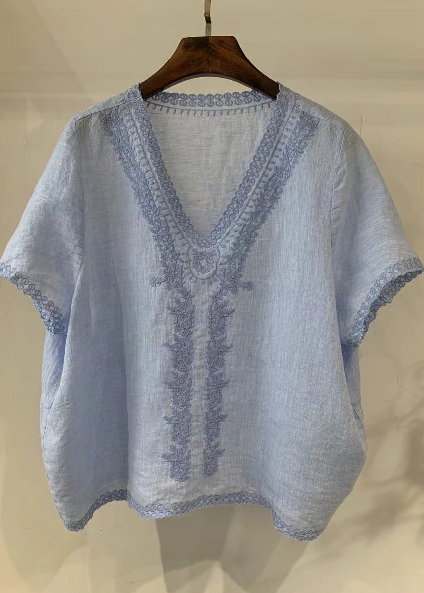 Neck Summer Light Shirt Unique Embroidered V Linen Blue Tops