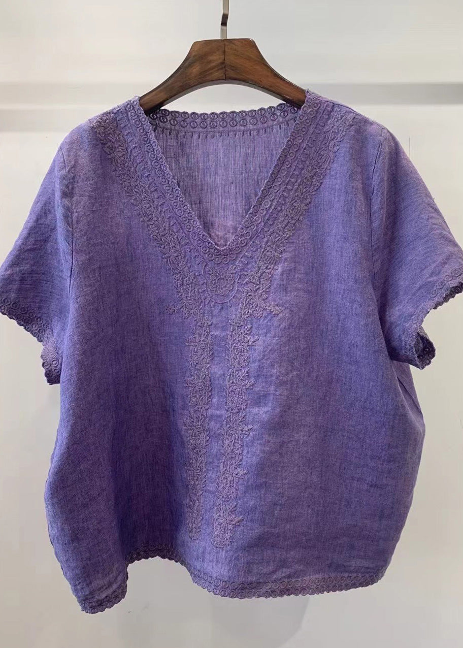 Neck Summer Light Shirt Unique Embroidered V Linen Blue Tops