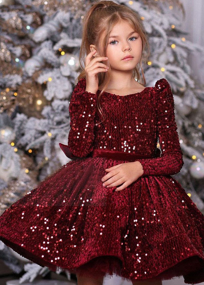 Unique Mulberry Sequins Patchwork Girls Mid Dress Spring YS003