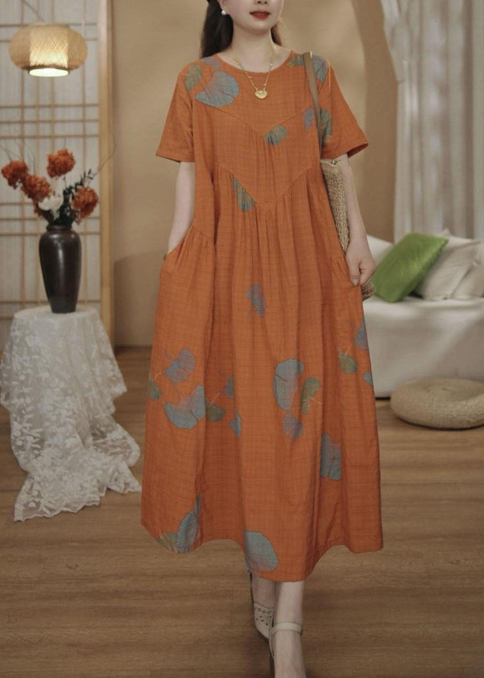 Unique Oversized Print Summer Orange Cotton Dresses Maxi