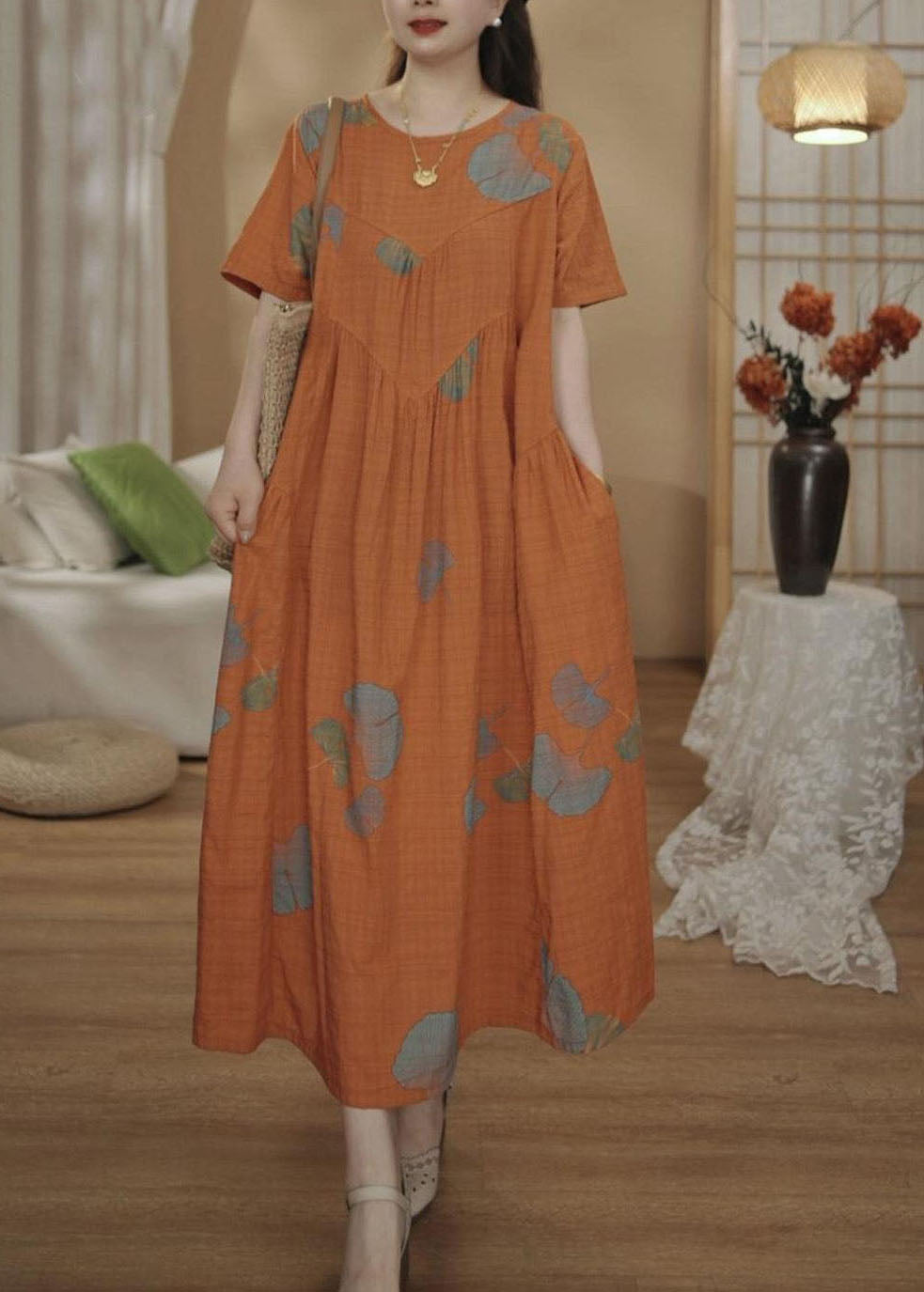 Unique Oversized Print Summer Orange Cotton Dresses Maxi