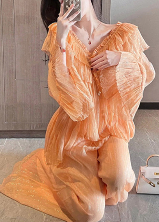 Unique Orange Ruffled Patchwork Chiffon Two Pieces Set Summer XX062