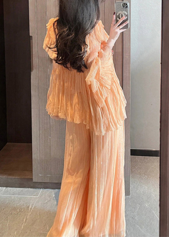 Unique Orange Ruffled Patchwork Chiffon Two Pieces Set Summer XX062