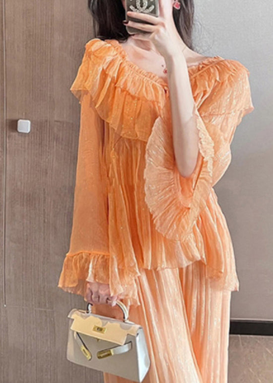 Unique Orange Ruffled Patchwork Chiffon Two Pieces Set Summer XX062