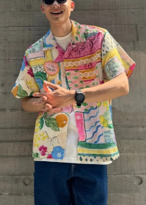 Print Collar Peter Button Unique Cotton Summer Men's Pan Shirts