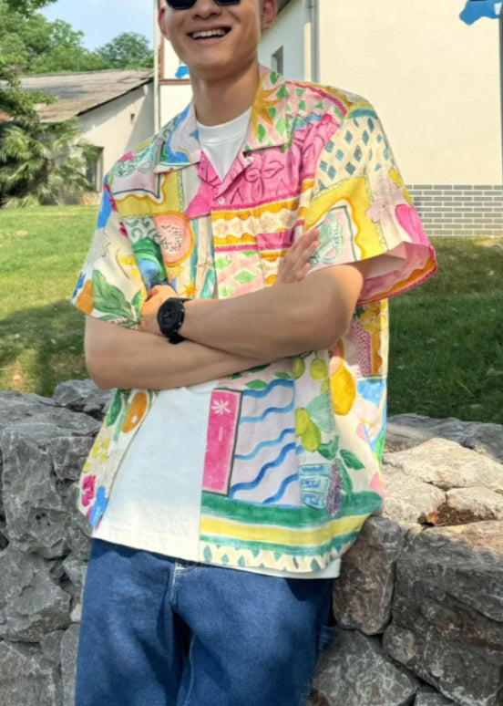 Print Collar Peter Button Unique Cotton Summer Men's Pan Shirts