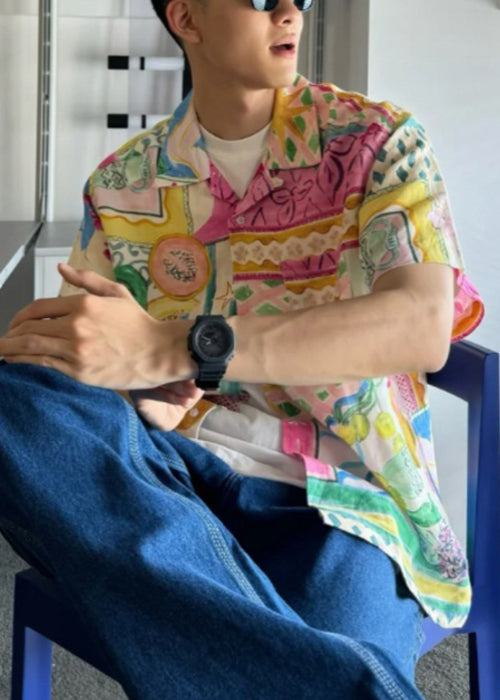 Print Collar Peter Button Unique Cotton Summer Men's Pan Shirts