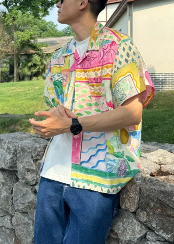 Print Collar Peter Button Unique Cotton Summer Men's Pan Shirts