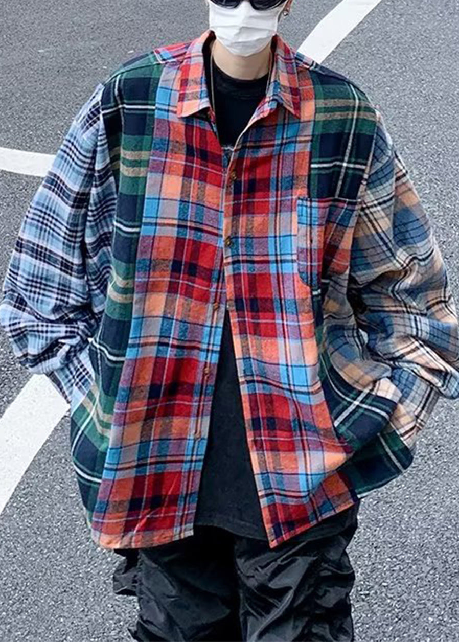 Cotton Pan Spring Collar Men Patchwork Plaid Unique Shirts Peter