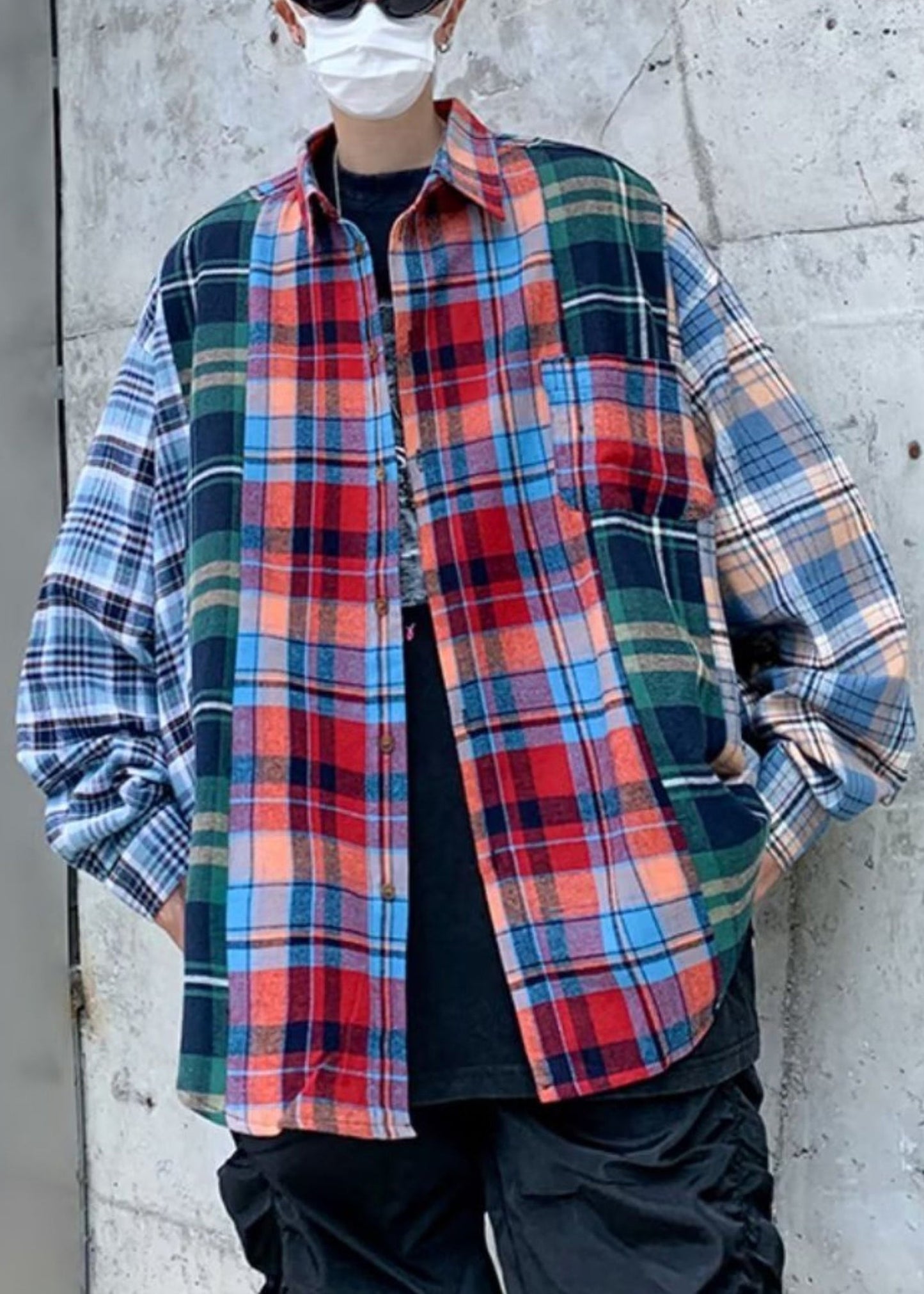Patchwork Men Pan Collar Peter Plaid Cotton Spring Shirts Unique