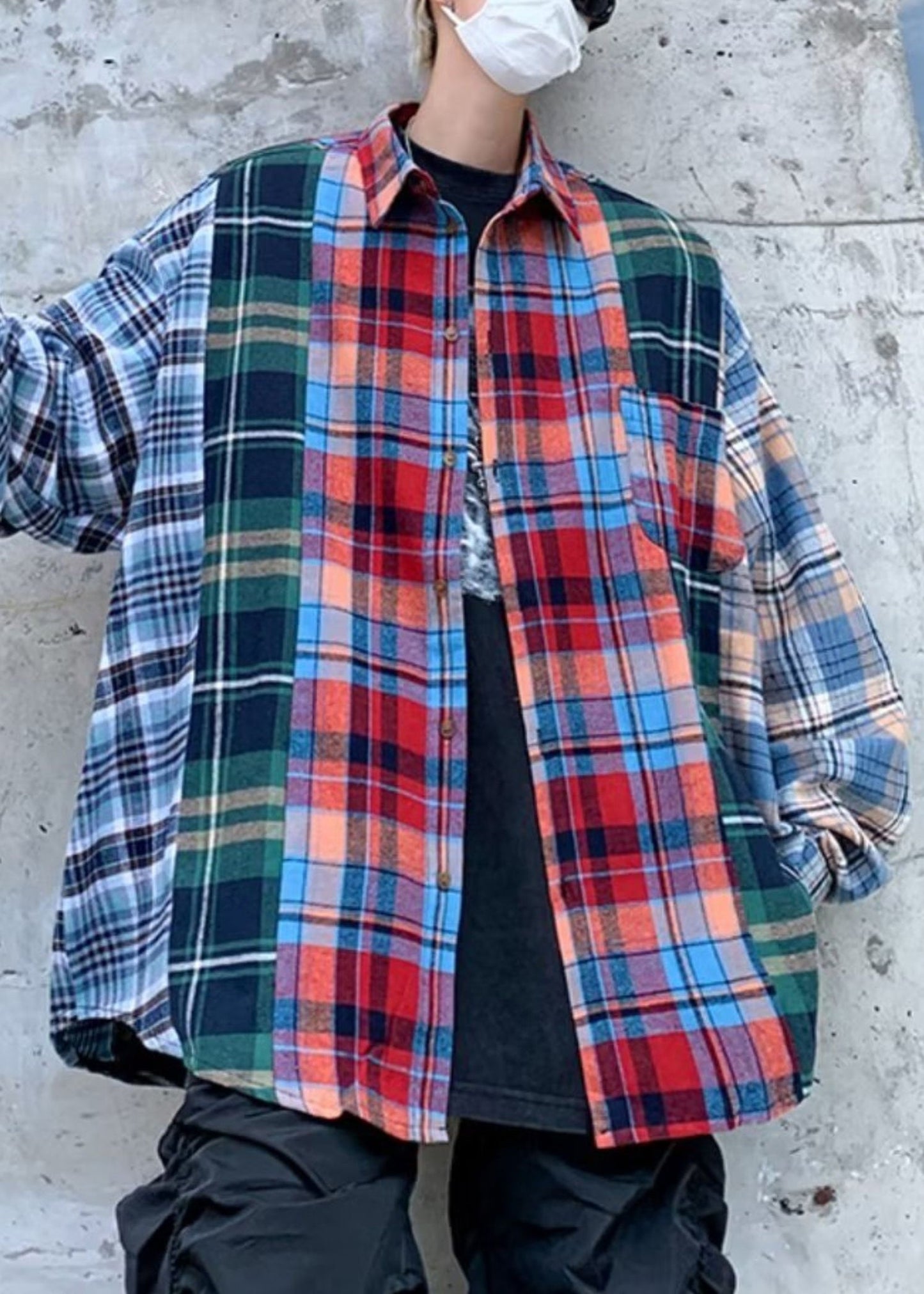 Patchwork Men Pan Collar Peter Plaid Cotton Spring Shirts Unique