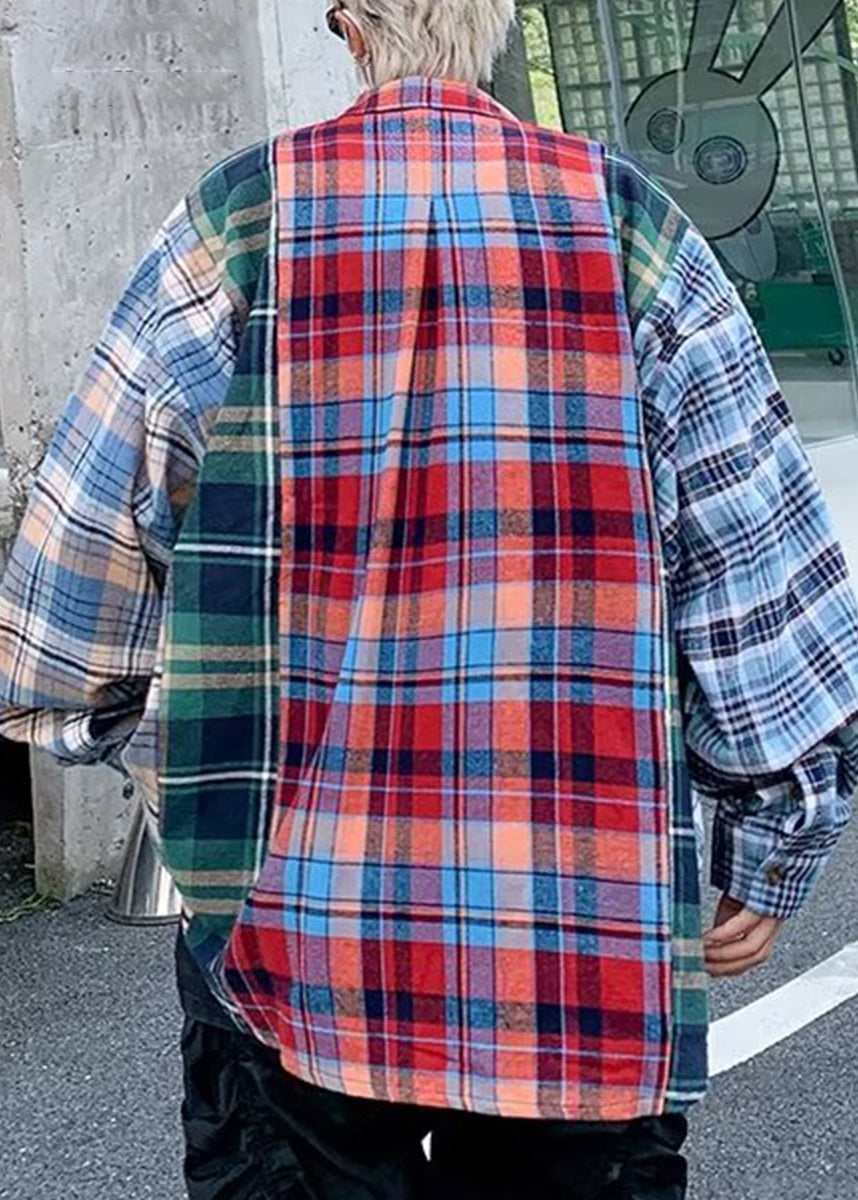 Patchwork Men Pan Collar Peter Plaid Cotton Spring Shirts Unique